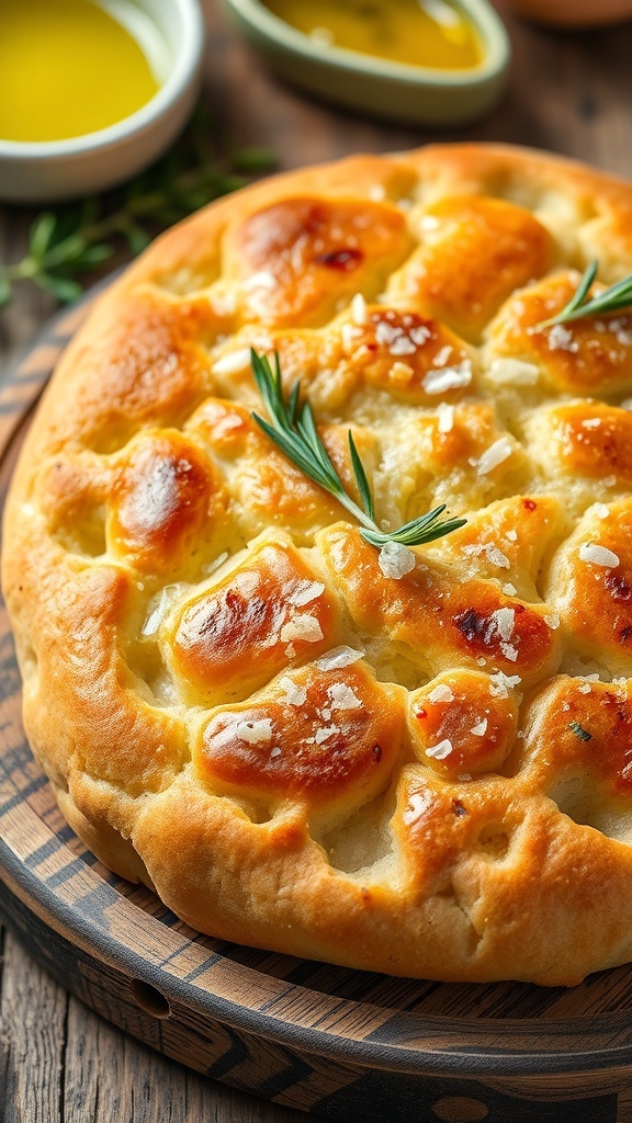 Golden-brown focaccia bread topped with rosemary and sea salt on a wooden board.